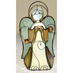 Vintage Stained Glass Green  & Gold Tone Metal Angel Tealight Votive Holder
